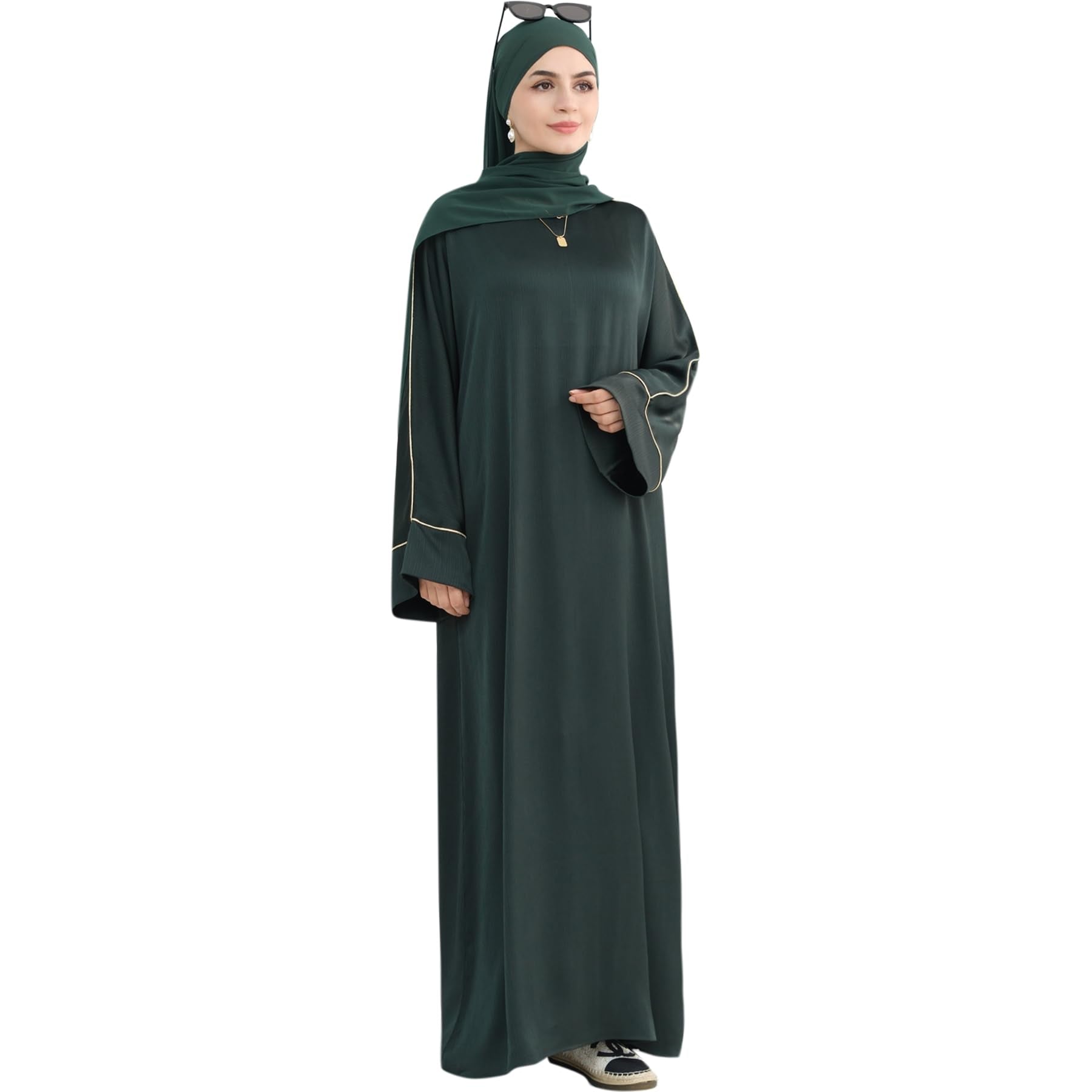 Muslim Praying Dress for Women Silk Glossy Back Zipper Robe Wear Gold Trim Modest Abaya Dress with Hijab Army Green