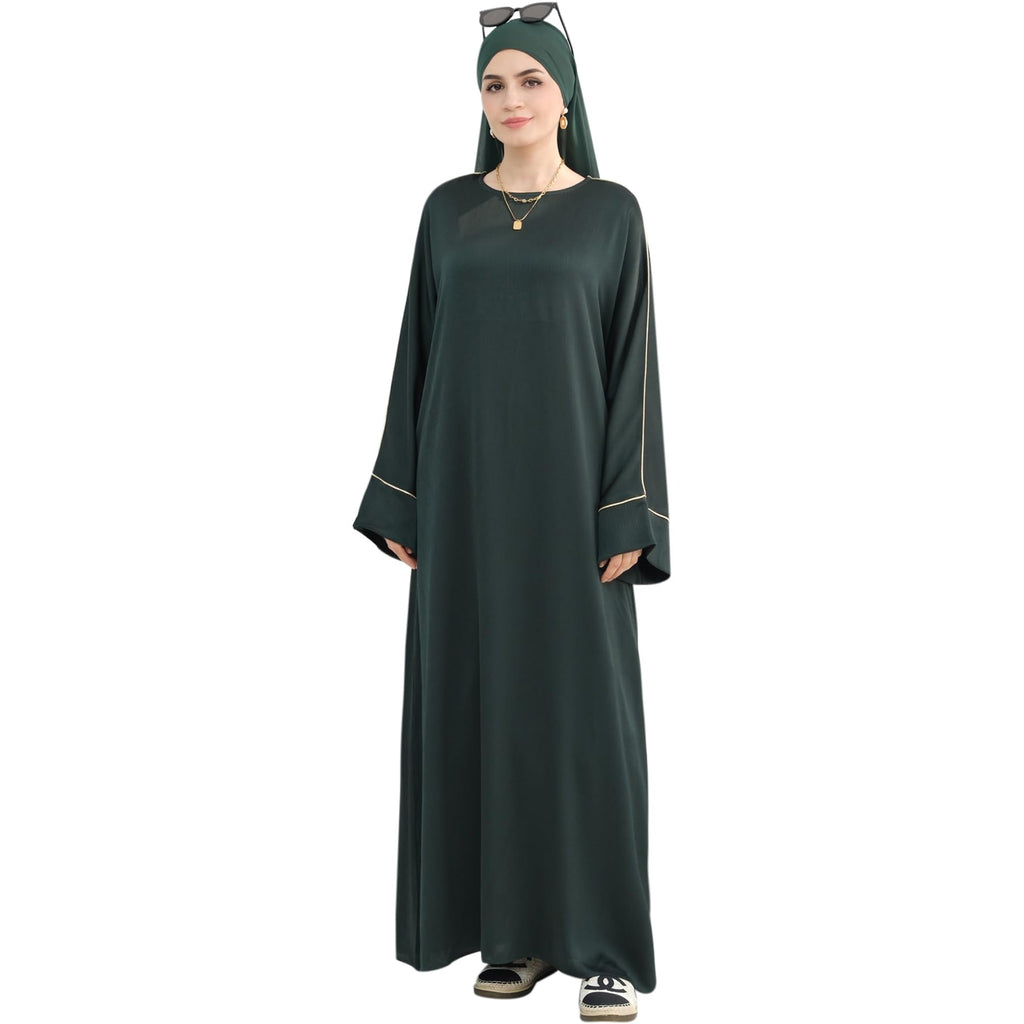 Muslim Praying Dress for Women Silk Glossy Back Zipper Robe Wear Gold Trim Modest Abaya Dress with Hijab Army Green