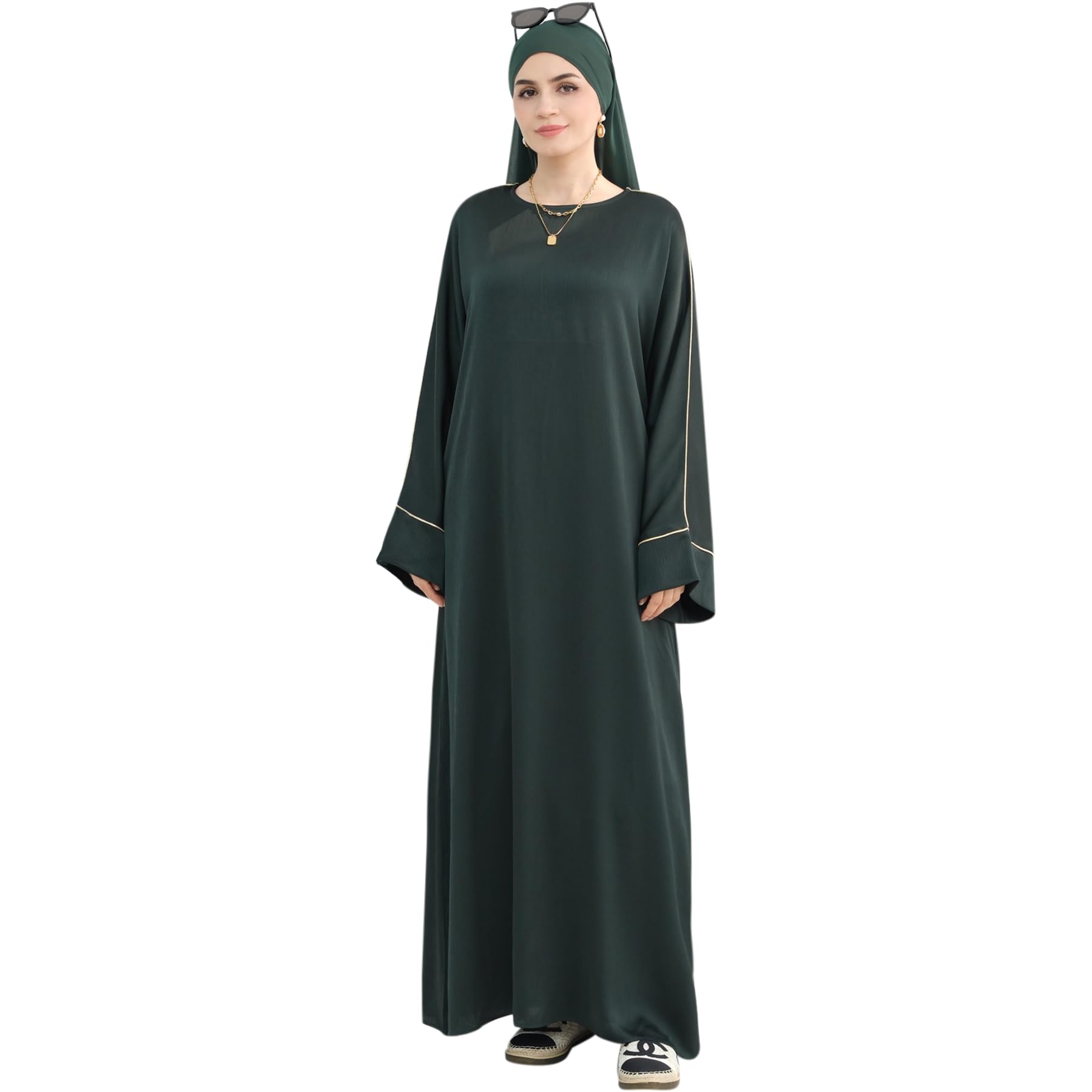 Muslim Praying Dress for Women Silk Glossy Back Zipper Robe Wear Gold Trim Modest Abaya Dress with Hijab Army Green
