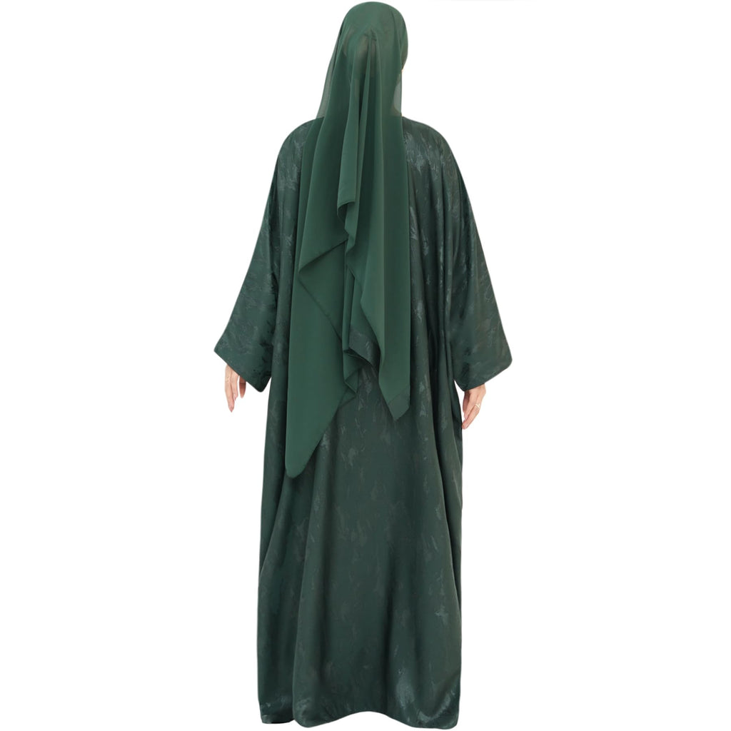 khalat Abaya Muslim Dress Women Satin Jacquard Prayer Dress Batwing Long Sleeve Islamic Dubai Robe with Chiffon Hijab Green