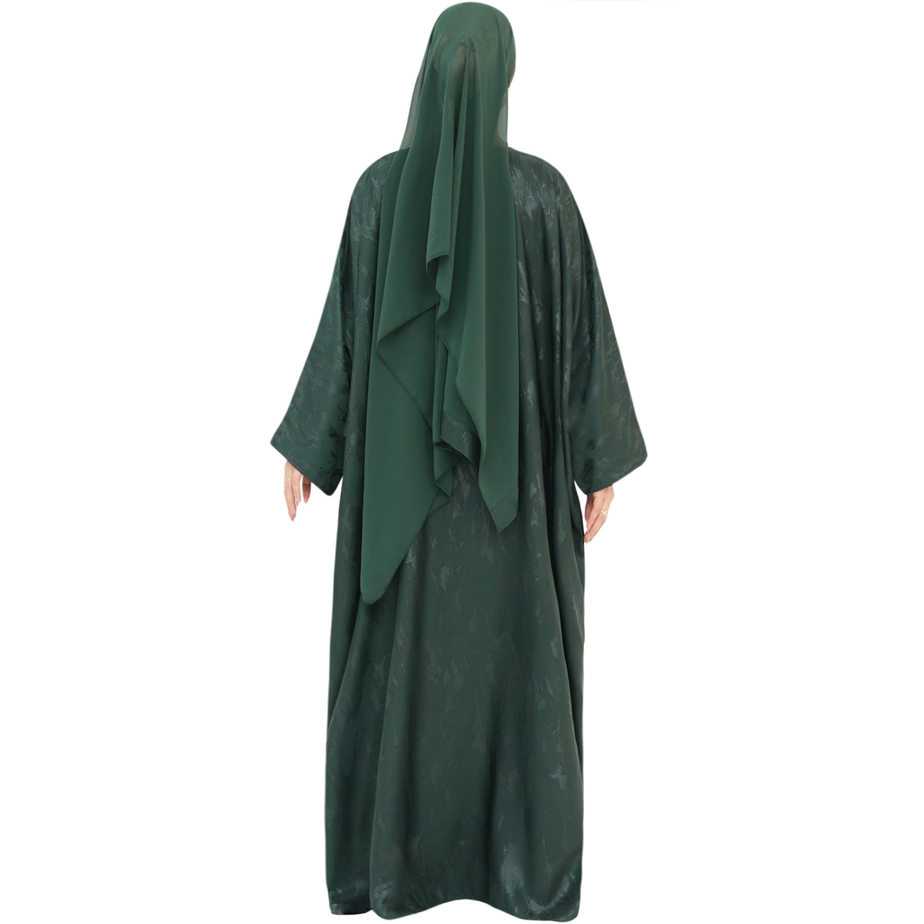 khalat Abaya Muslim Dress Women Satin Jacquard Prayer Dress Batwing Long Sleeve Islamic Dubai Robe with Chiffon Hijab Green