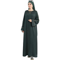 Muslim Praying Dress for Women Silk Glossy Back Zipper Robe Wear Gold Trim Modest Abaya Dress with Hijab Army Green
