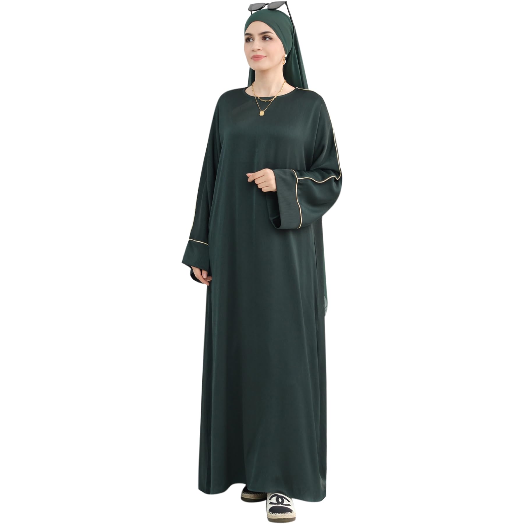 Muslim Praying Dress for Women Silk Glossy Back Zipper Robe Wear Gold Trim Modest Abaya Dress with Hijab Army Green