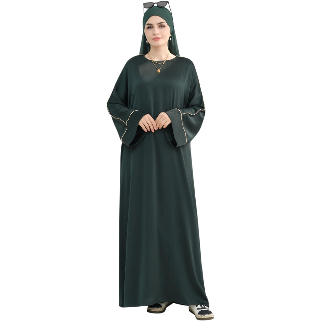 Muslim Praying Dress for Women Silk Glossy Back Zipper Robe Wear Gold Trim Modest Abaya Dress with Hijab Army Green