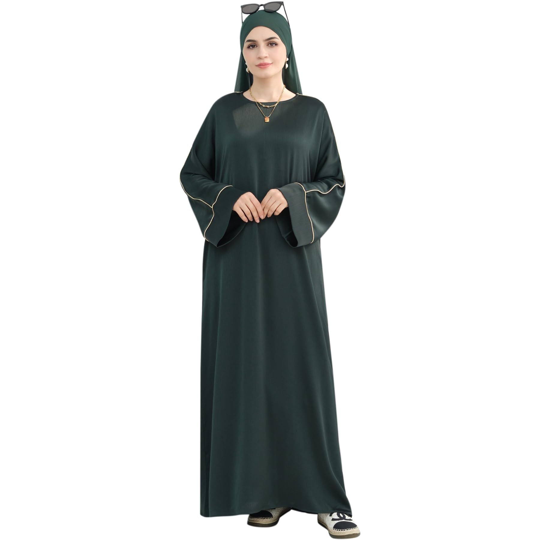 Muslim Praying Dress for Women Silk Glossy Back Zipper Robe Wear Gold Trim Modest Abaya Dress with Hijab Army Green