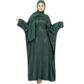 khalat Abaya Muslim Dress Women Satin Jacquard Prayer Dress Batwing Long Sleeve Islamic Dubai Robe with Chiffon Hijab Green