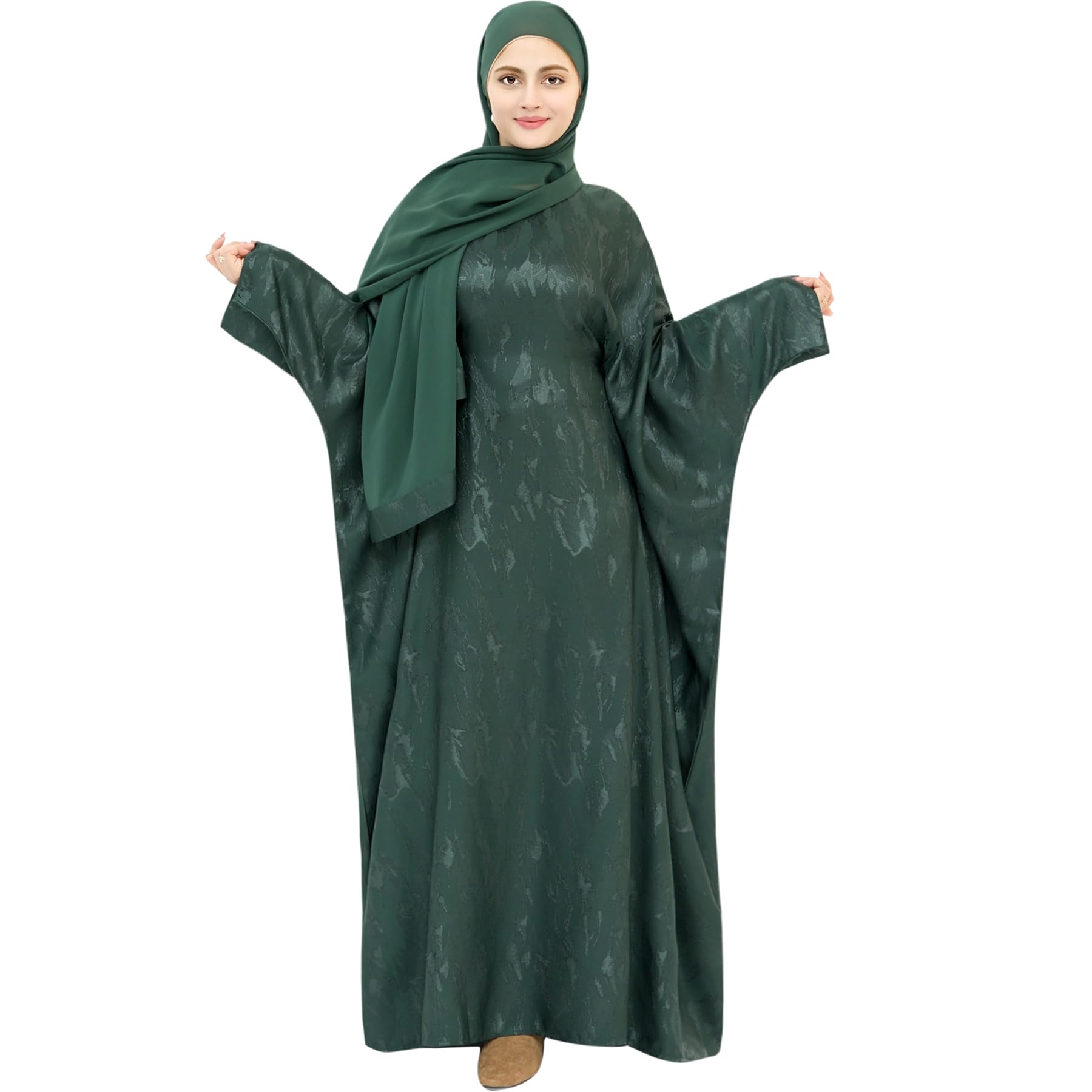 khalat Abaya Muslim Dress Women Satin Jacquard Prayer Dress Batwing Long Sleeve Islamic Dubai Robe with Chiffon Hijab Green