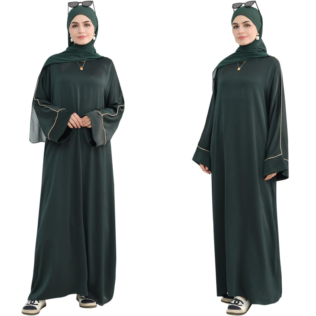 Muslim Praying Dress for Women Silk Glossy Back Zipper Robe Wear Gold Trim Modest Abaya Dress with Hijab Army Green