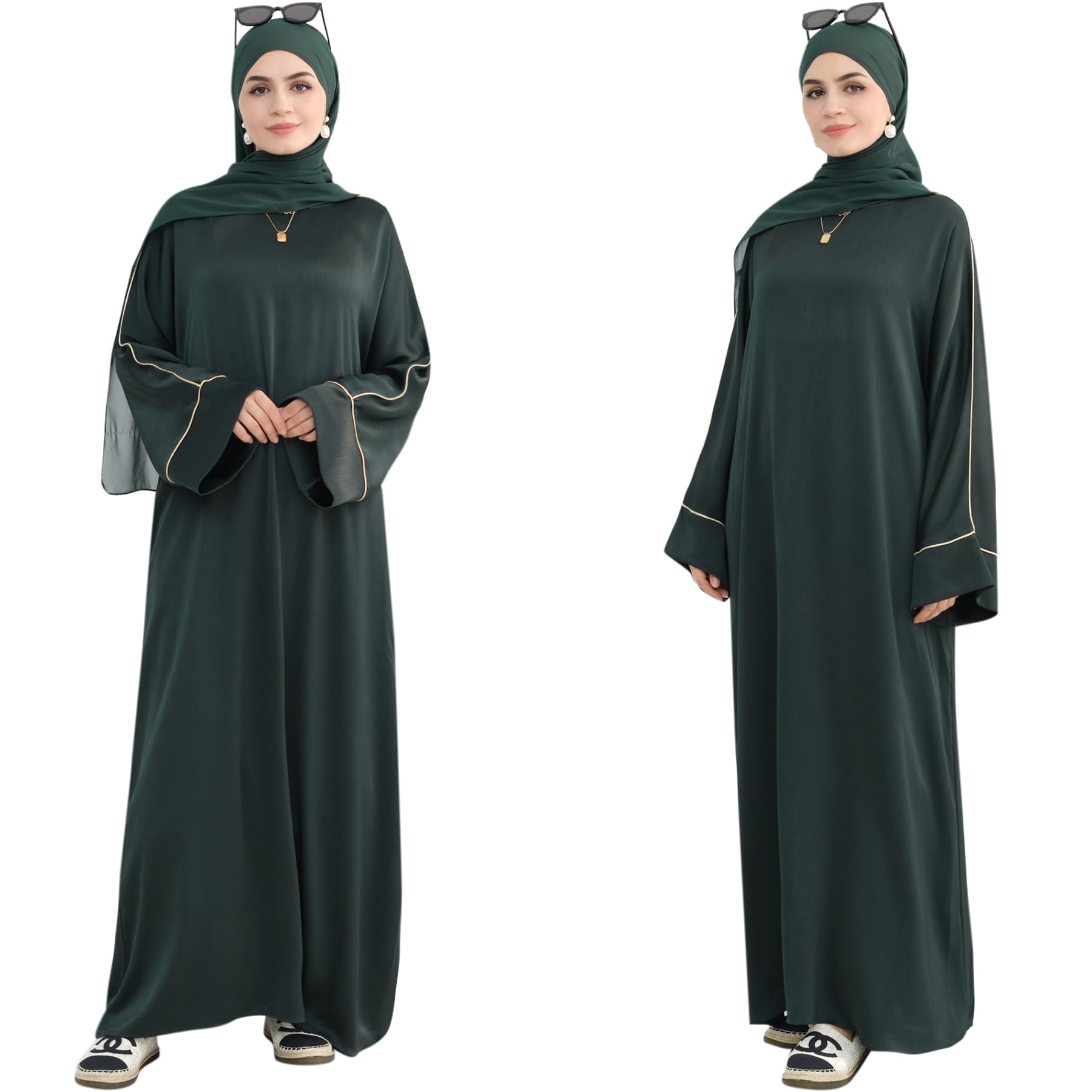 Muslim Praying Dress for Women Silk Glossy Back Zipper Robe Wear Gold Trim Modest Abaya Dress with Hijab Army Green