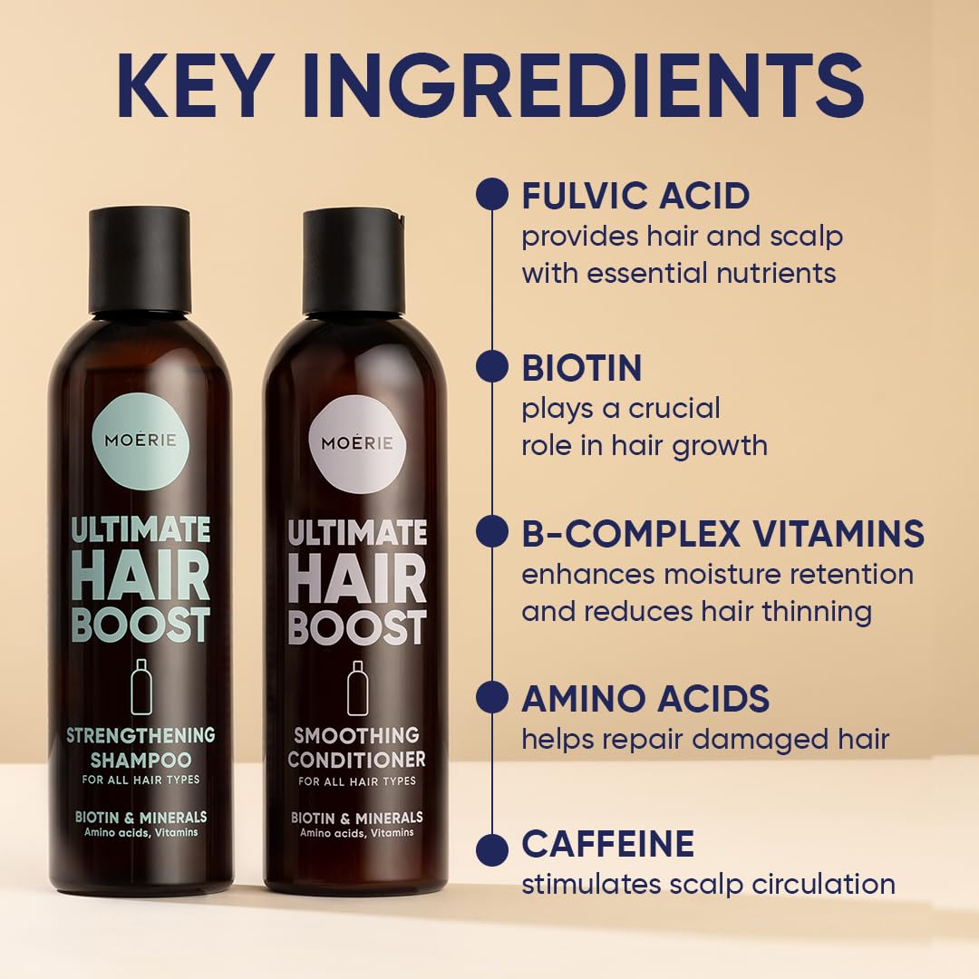 Moerie Volumizing Shampoo and Conditioner for Hair Loss - Thickening Products with Ingredients of Natural Origin - Over 100 Active Ingredients for Thick, Long, Luscious Hair, 2 X 8.45 Fl Oz