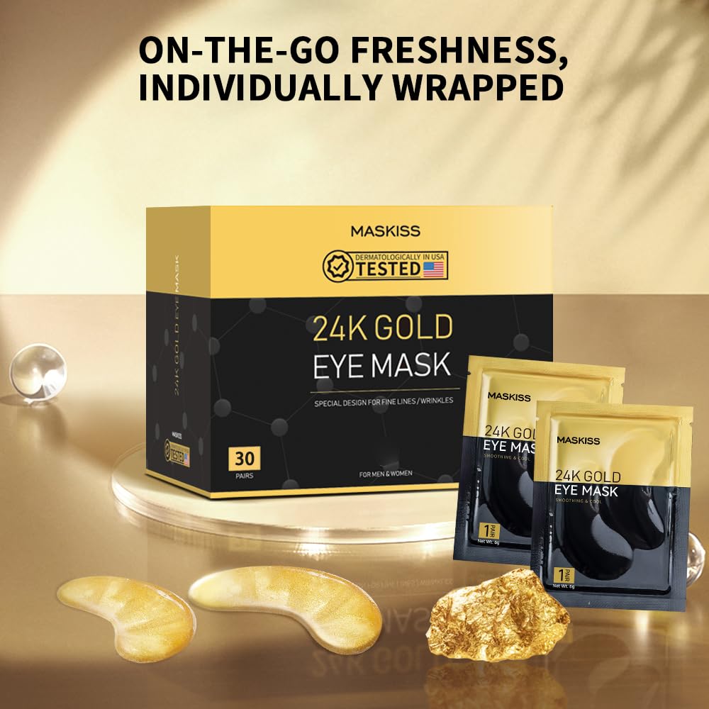 Maskiss 24k Gold Under Eye Patches (30 Pairs), Eye Mask, Collagen Skin Care Products, Eye Patches for Puffy Eyes, Eye Masks for Dark Circles and Puffiness.