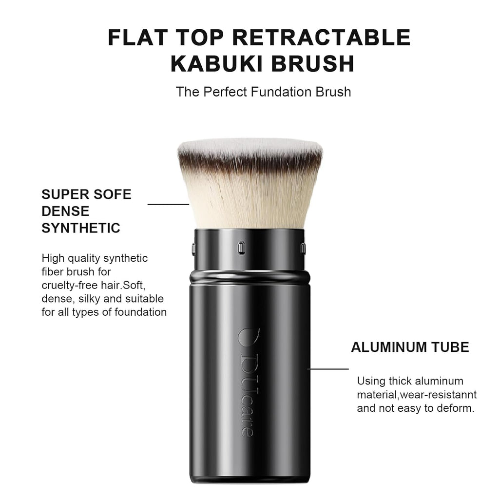 DUcare Retractable Kabuki Foundation Brush, Aluminum Handle Self Tanner Brush for Face, Flat Top Brush for Liquid Cream Powder Makeup, Travel Portable