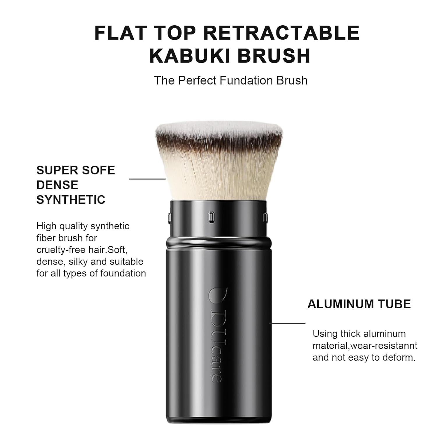 DUcare Retractable Kabuki Foundation Brush, Aluminum Handle Self Tanner Brush for Face, Flat Top Brush for Liquid Cream Powder Makeup, Travel Portable