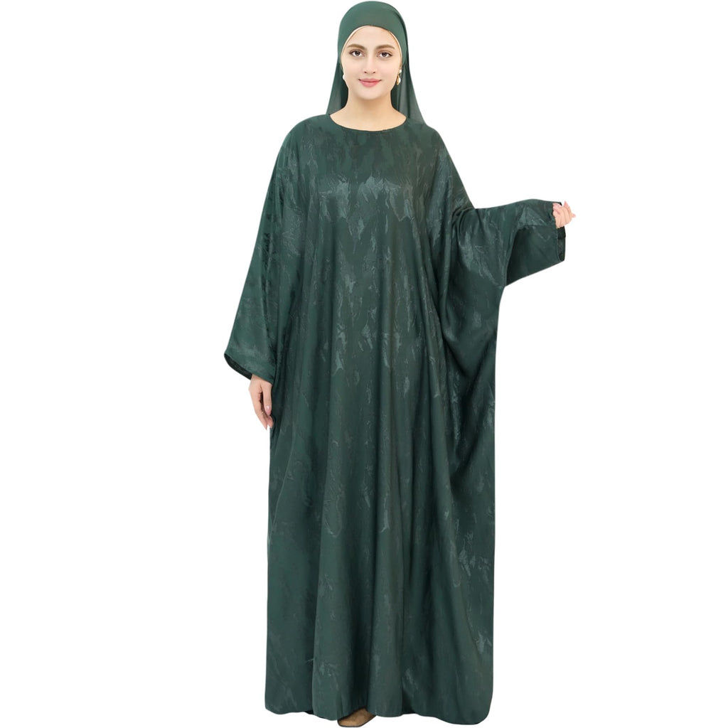 khalat Abaya Muslim Dress Women Satin Jacquard Prayer Dress Batwing Long Sleeve Islamic Dubai Robe with Chiffon Hijab Green