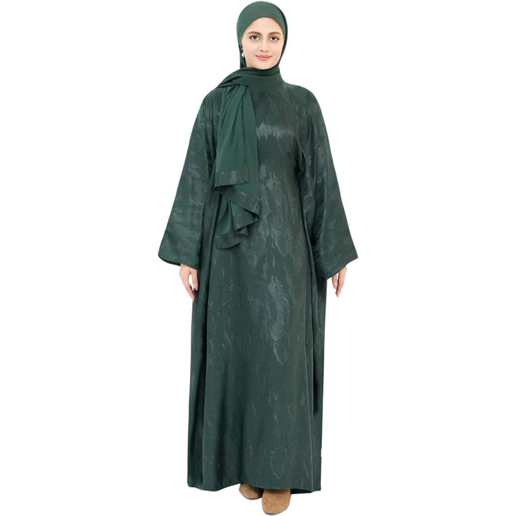 khalat Abaya Muslim Dress Women Satin Jacquard Prayer Dress Batwing Long Sleeve Islamic Dubai Robe with Chiffon Hijab Green
