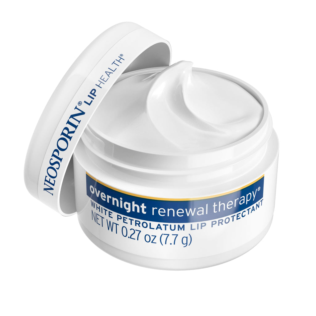 NEOSPORIN Lip Health Overnight Renewal Therapy White Petrolatum Lip Protectant, Nourishing Night Moisturizer to Repair Dry & Cracked Lips, Prevent & Protect Chapped Lips, 0.27 oz