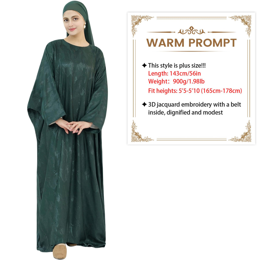 khalat Abaya Muslim Dress Women Satin Jacquard Prayer Dress Batwing Long Sleeve Islamic Dubai Robe with Chiffon Hijab Green