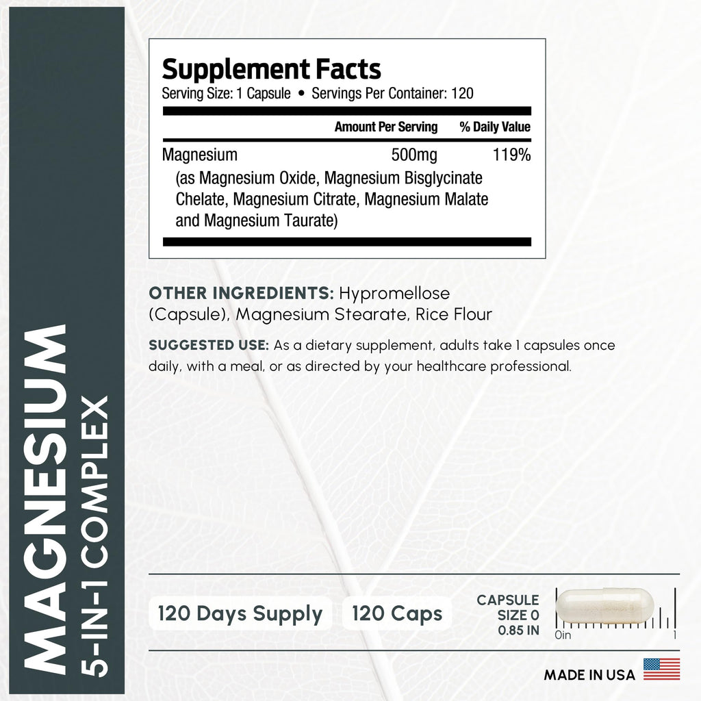 ForestLeaf Magnesium Complex for Women and Men - 500mg Magnesium Supplement for Sleep - 5-in-1 Chelated Magnesium Citrate, Bisglycinate, Malate, Taurate, Oxide (120 Ct)