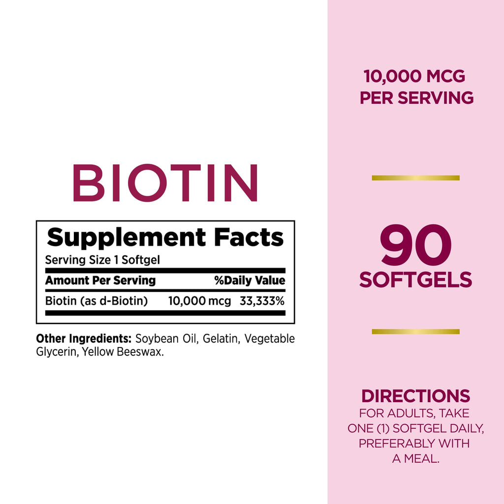 Nature's Bounty Biotin 10000mcg Supplement, Supports Healthy Hair, Skin and Nails, Optimal Solutions Hair Vitamin with Biotin, 90 Rapid Release Liquid Softgels