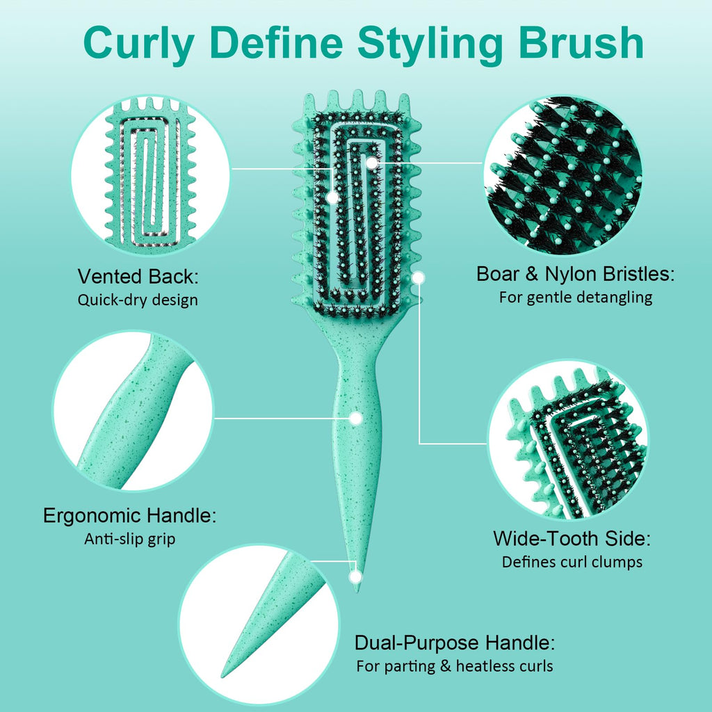 Curly Hair Brush, Curl Defining Brush with Soft Boar Bristles Detangling Tangled Glides, Wide-Teeth Design Effortlessly Shaping & Defining Curls, Curling Definer for Wet & Dry Hair