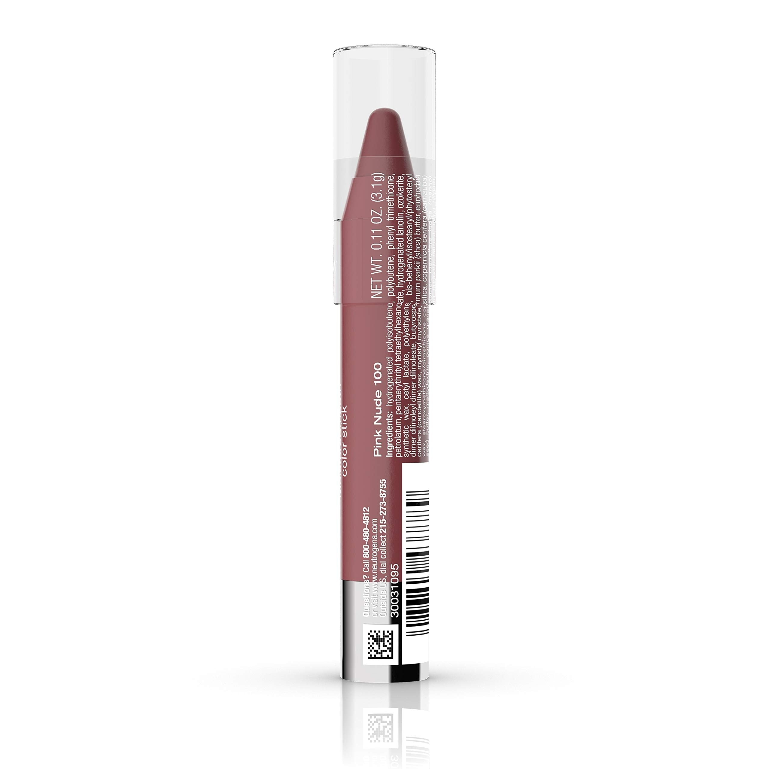 Neutrogena MoistureSmooth Color Stick for Lips, Moisturizing and Conditioning Lipstick with a Balm-Like Formula, Nourishing Shea Butter and Fruit Extracts, 100 Pink Nude, 011 oz Pack of 1