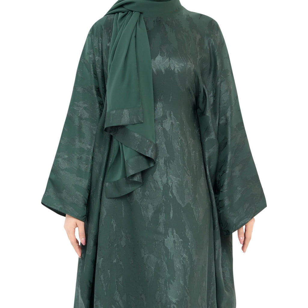 khalat Abaya Muslim Dress Women Satin Jacquard Prayer Dress Batwing Long Sleeve Islamic Dubai Robe with Chiffon Hijab Green
