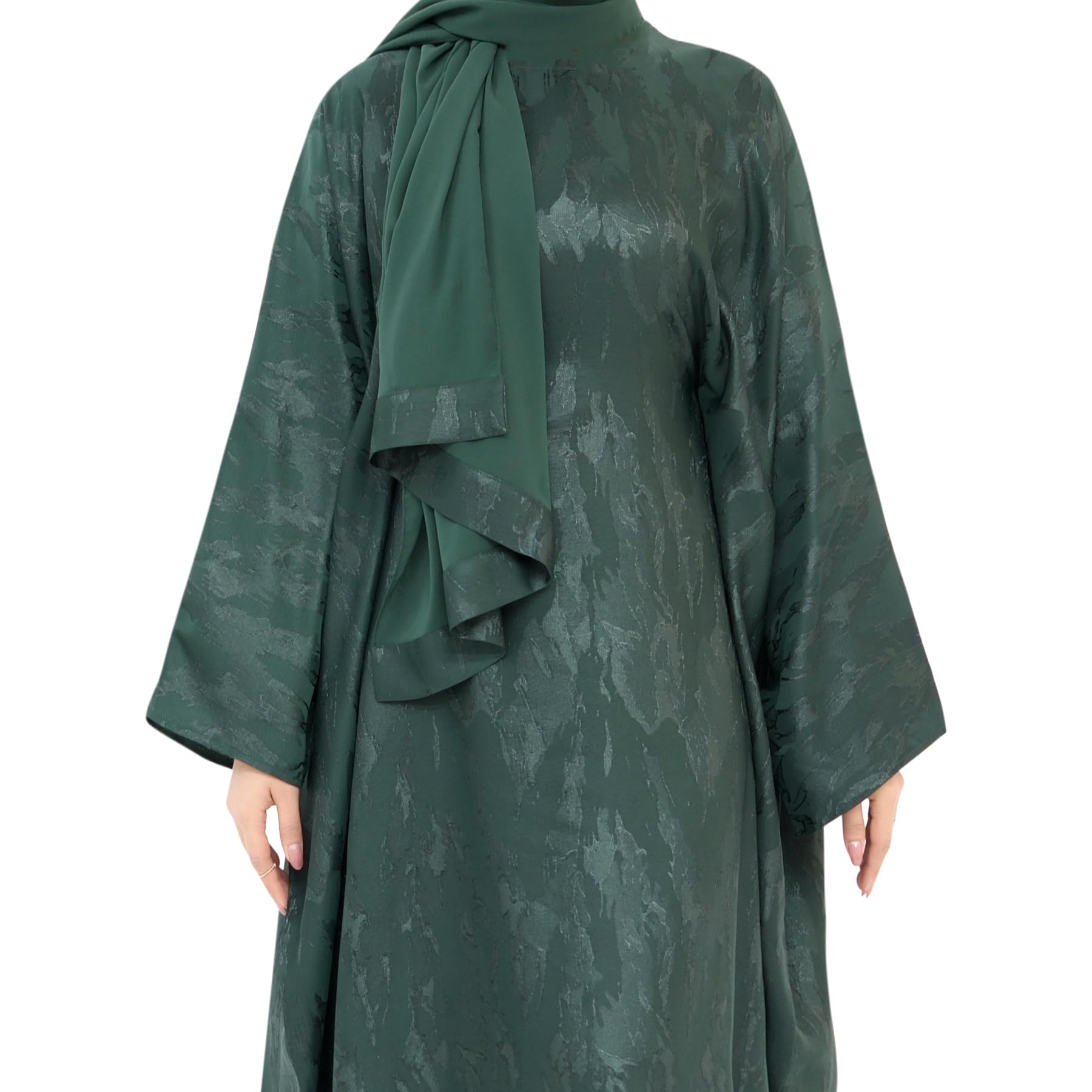 khalat Abaya Muslim Dress Women Satin Jacquard Prayer Dress Batwing Long Sleeve Islamic Dubai Robe with Chiffon Hijab Green