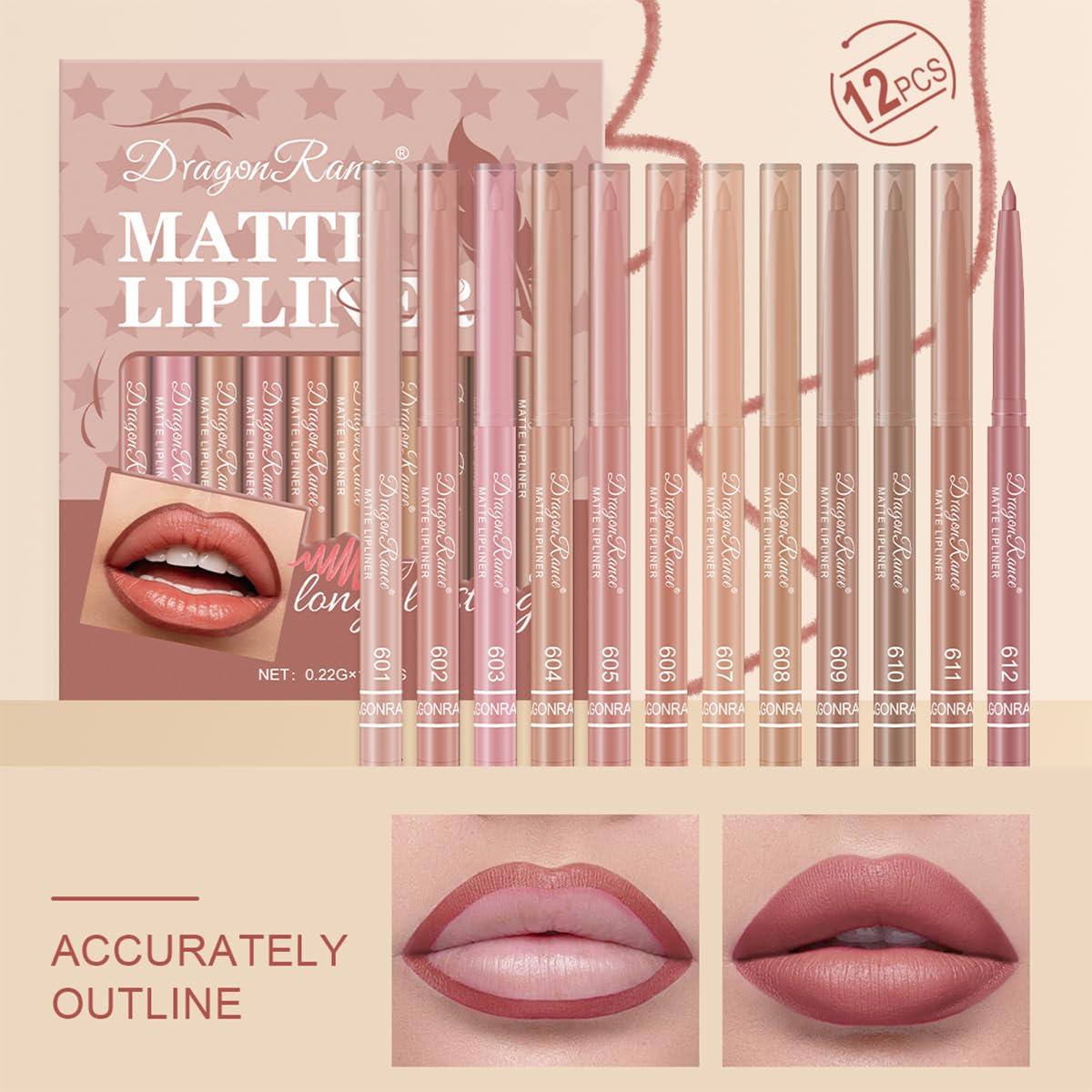 Baorder 12PCS Creamy Matte Lip Liner Pencil Set, Waterproof Long Lasting Color Lipstick,Soft Pink, Lip Filler Liner,Perfect Pout Gel Makeup Kit for Women