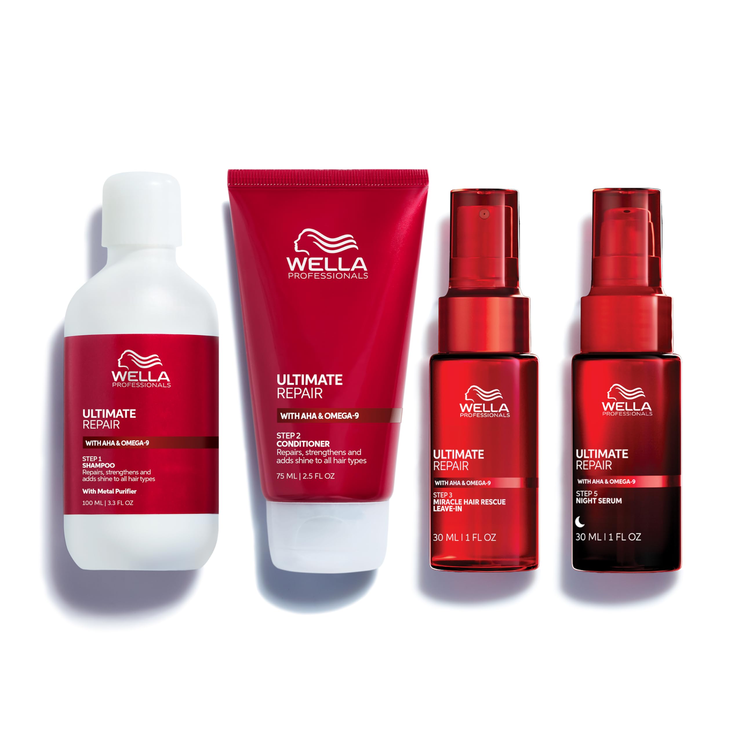 Wella Professionals ULTIMATE REPAIR Shampoo, Conditioner, Miracle Hair Rescue, & Night Hair Serum | Travel Size Bundle