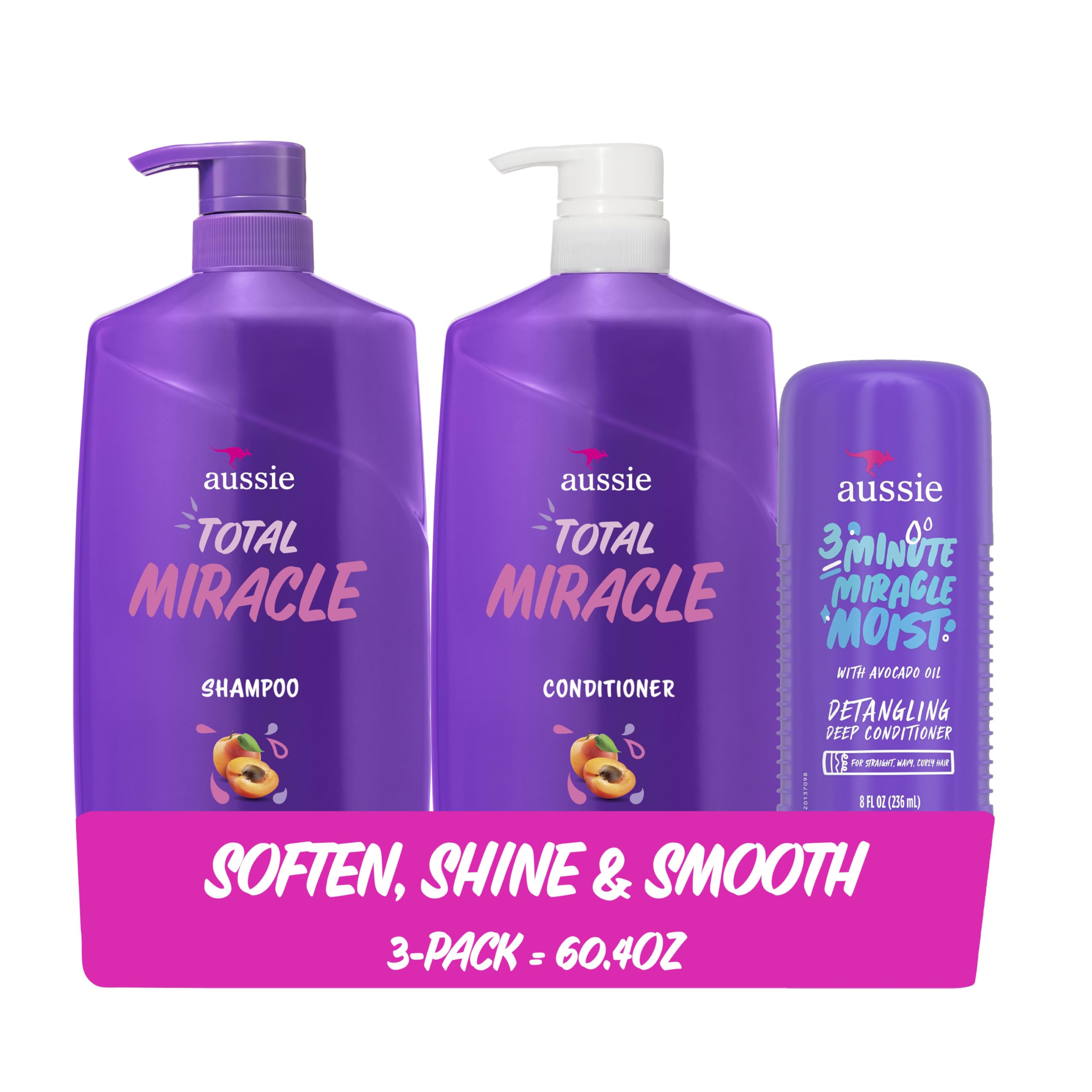 Aussie Total Miracle Hair Care Bundle: Shampoo, Conditioner, and 3 Minute Deep Treatment with Apricot & Macadamia Oil, Paraben-Free for Damaged Hair, 26.2 & 8 Fl Oz
