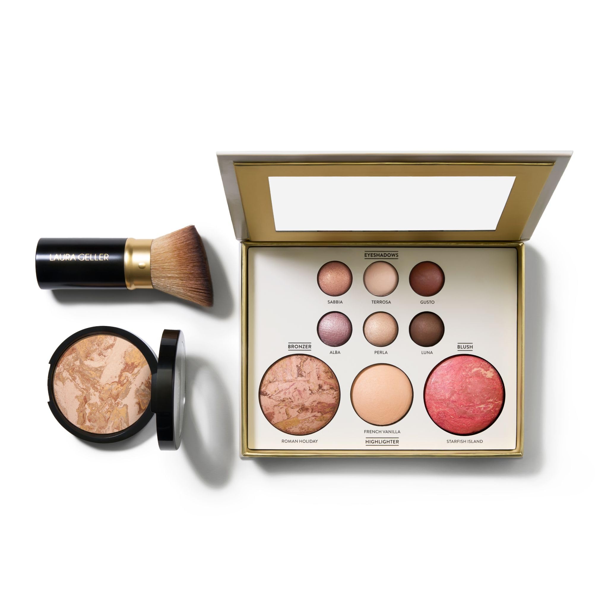 LAURA GELLER Baked Starter Kit Tuscan Dreams - Baked Balance-n-Brighten Powder Foundation + Retractable Angled Kabuki Brush + Best of the Best Palette, Tuscan Dreams medium