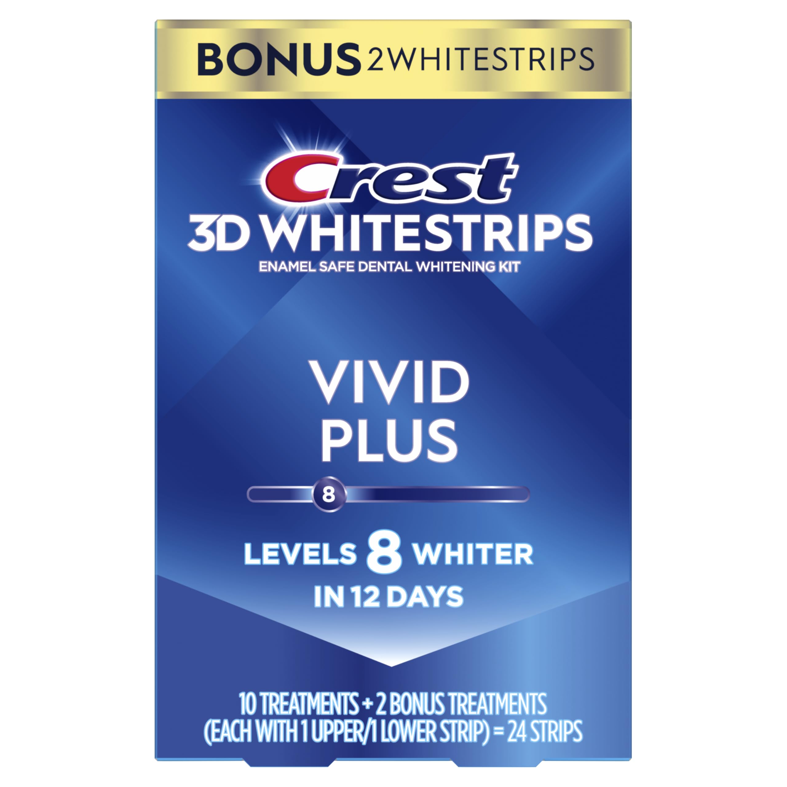 Crest 3D Whitestrips Vivid Plus, Teeth Whitening Strip Kit, 10 Treatments + 2 Bonus Treatments (Each with 1 Upper/1 Lower Strip), 24 Strips, 8 Levels Whiter, Teeth Whitening Kit