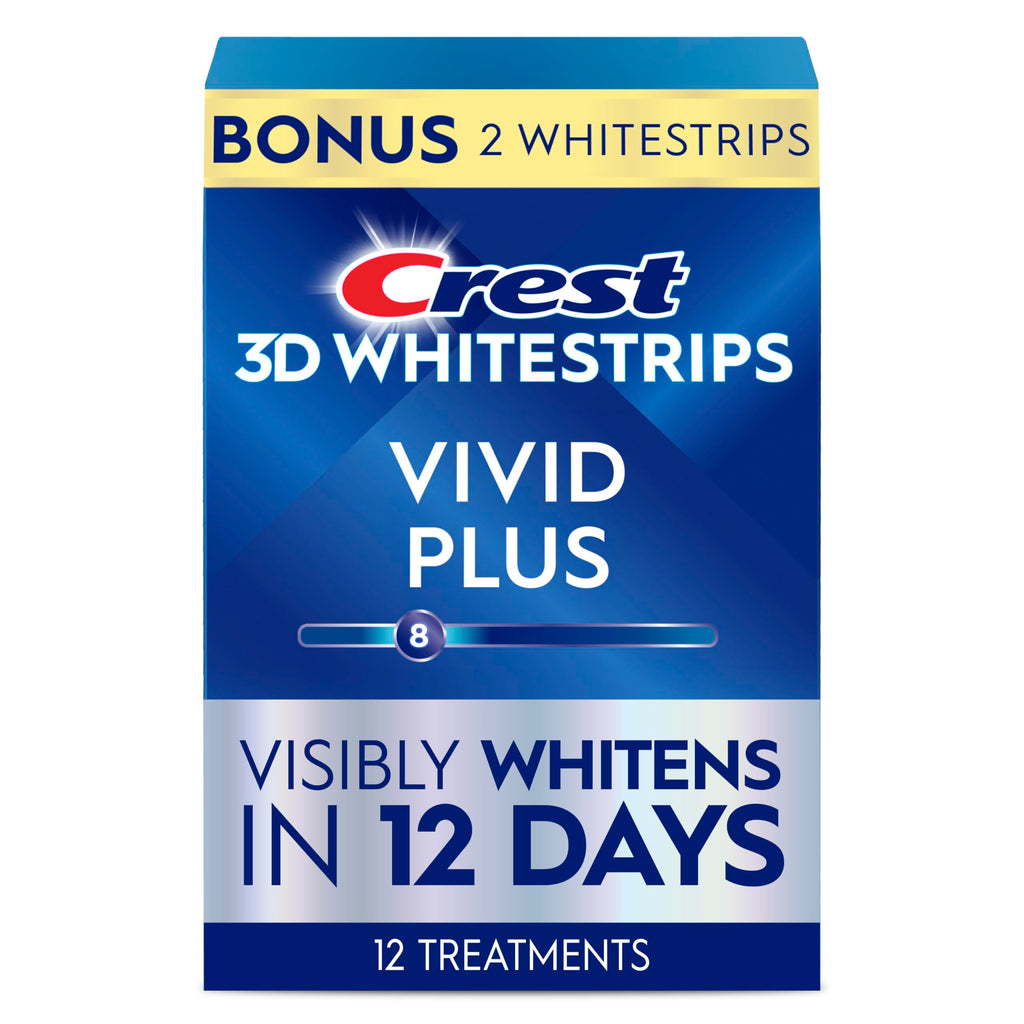 Crest 3D Whitestrips Vivid Plus, Teeth Whitening Strip Kit, 10 Treatments + 2 Bonus Treatments (Each with 1 Upper/1 Lower Strip), 24 Strips, 8 Levels Whiter, Teeth Whitening Kit