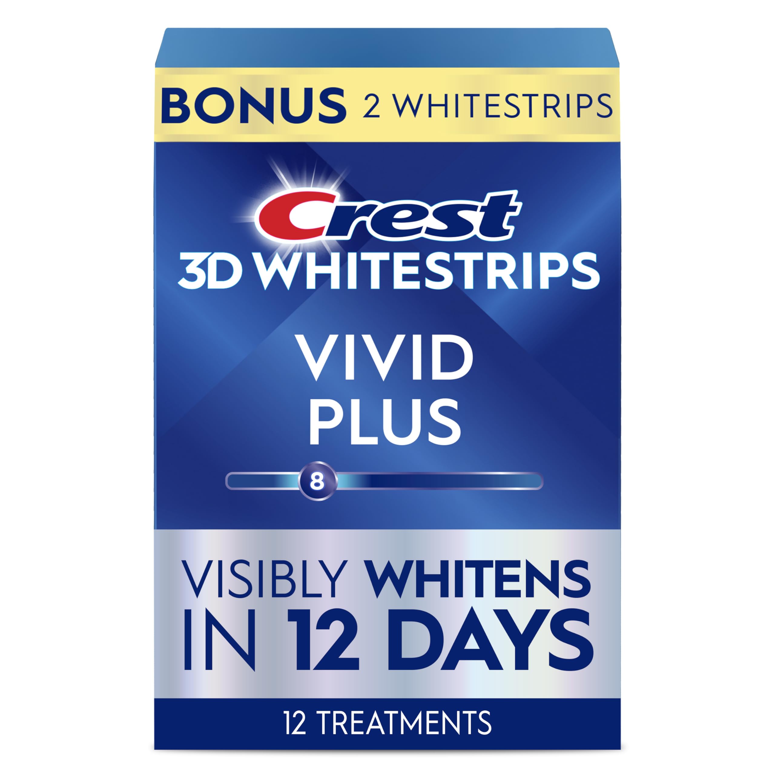 Crest 3D Whitestrips Vivid Plus, Teeth Whitening Strip Kit, 10 Treatments + 2 Bonus Treatments (Each with 1 Upper/1 Lower Strip), 24 Strips, 8 Levels Whiter, Teeth Whitening Kit