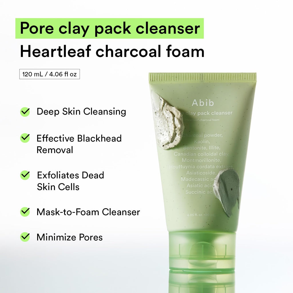 Abib Pore Clay Pack Cleanser Heartleaf Charcoal Foam, 4.05 fl oz, Mousse Form, Oil Control, Unscented
