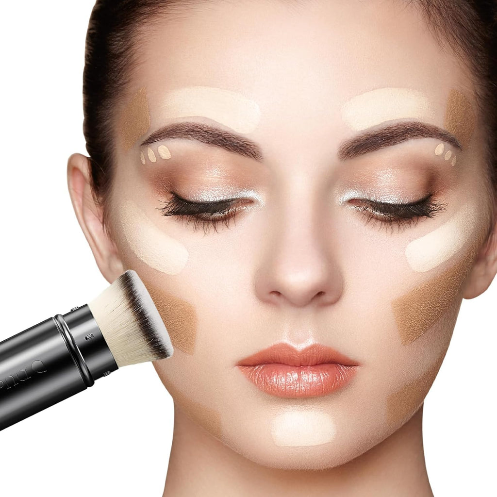 DUcare Retractable Kabuki Foundation Brush, Aluminum Handle Self Tanner Brush for Face, Flat Top Brush for Liquid Cream Powder Makeup, Travel Portable