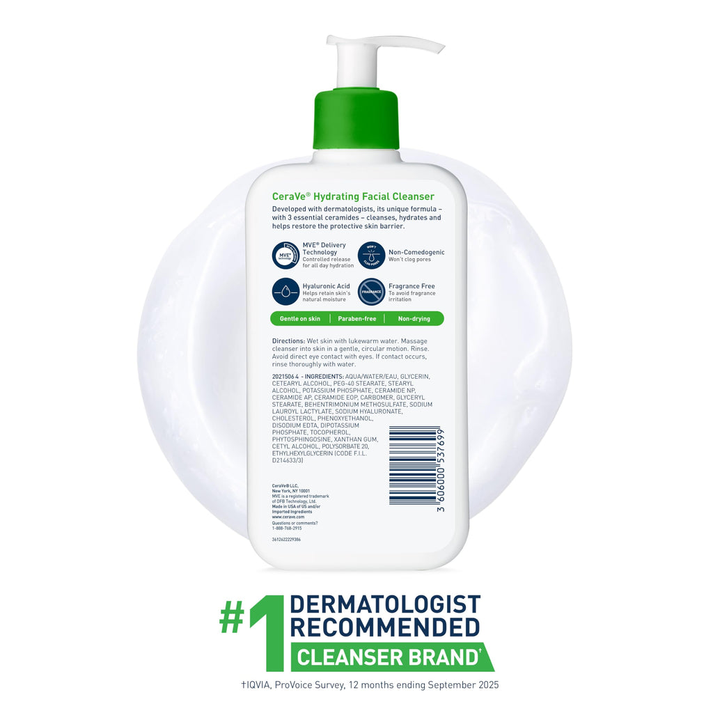CeraVe Hydrating Facial Cleanser, Moisturizing Face Wash For Dry Skin, Hyaluronic Acid + Ceramides + Glycerin, Hydrating Cleanser For Normal To Dry Skin, National Eczema Association Certified