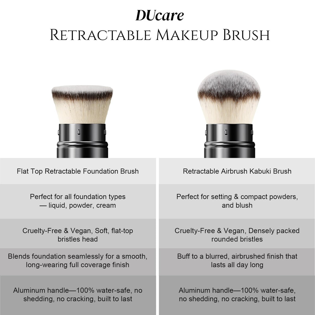 DUcare Retractable Kabuki Foundation Brush, Aluminum Handle Self Tanner Brush for Face, Flat Top Brush for Liquid Cream Powder Makeup, Travel Portable