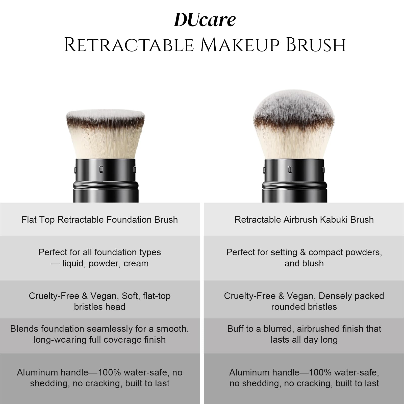 DUcare Retractable Kabuki Foundation Brush, Aluminum Handle Self Tanner Brush for Face, Flat Top Brush for Liquid Cream Powder Makeup, Travel Portable