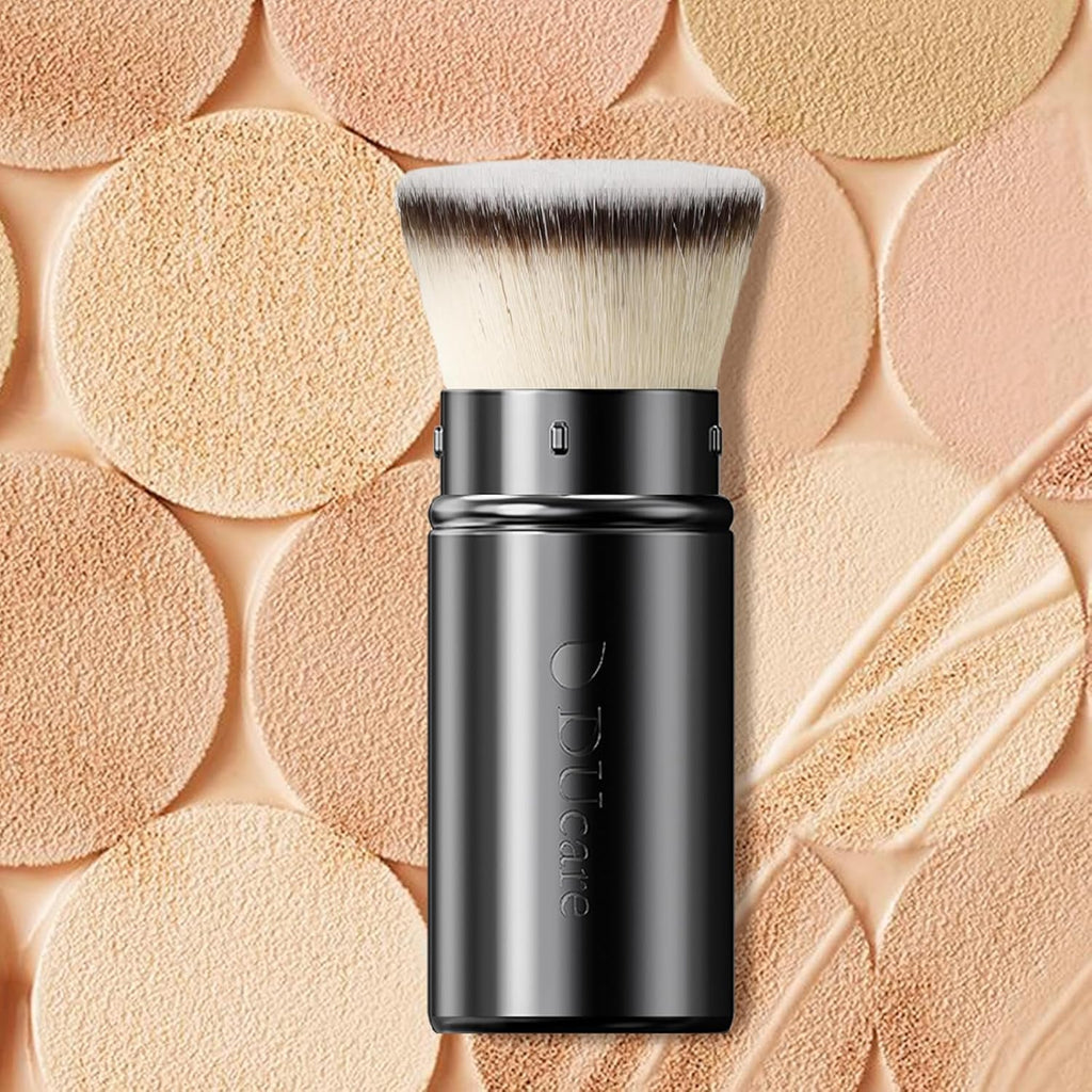 DUcare Retractable Kabuki Foundation Brush, Aluminum Handle Self Tanner Brush for Face, Flat Top Brush for Liquid Cream Powder Makeup, Travel Portable