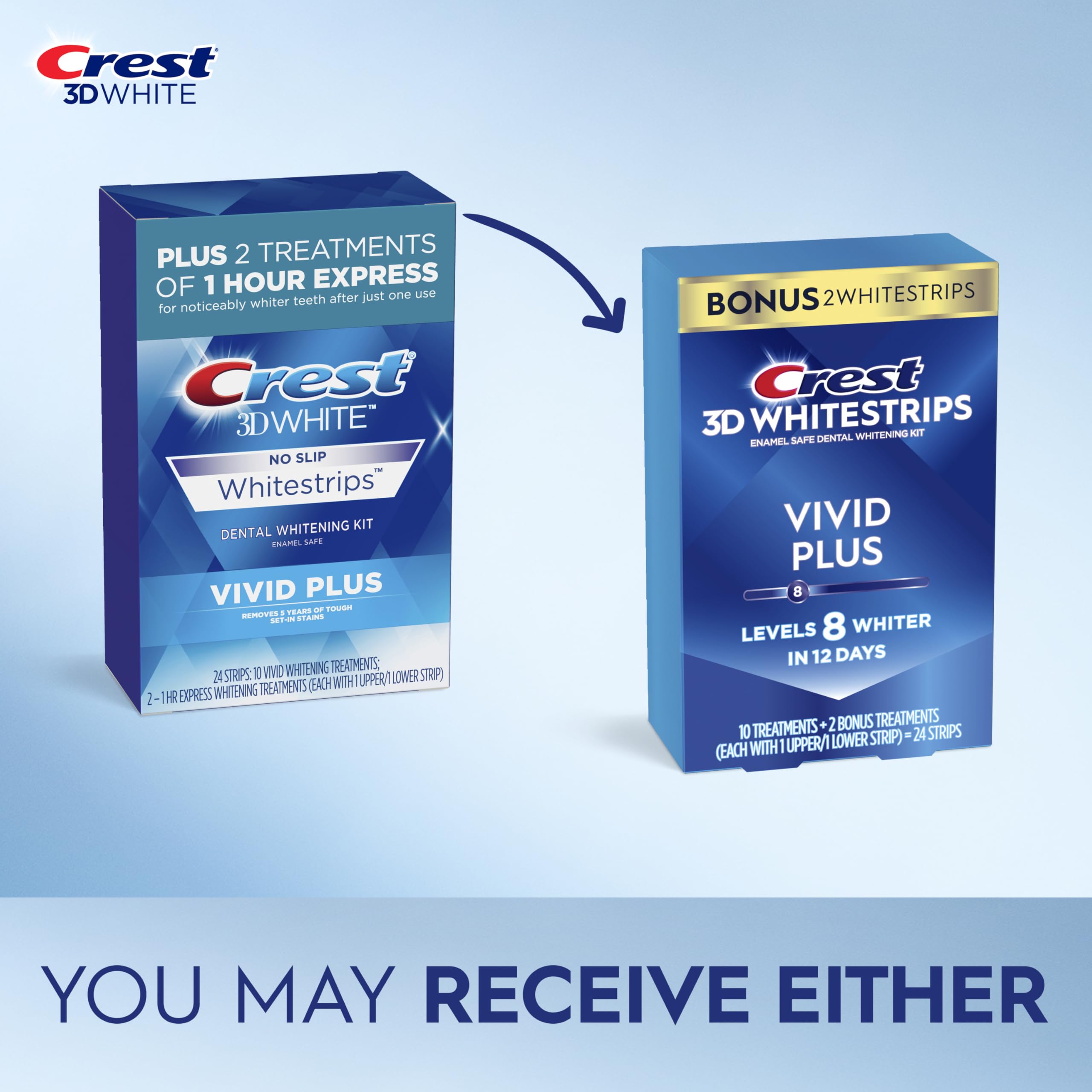 Crest 3D Whitestrips Vivid Plus, Teeth Whitening Strip Kit, 10 Treatments + 2 Bonus Treatments (Each with 1 Upper/1 Lower Strip), 24 Strips, 8 Levels Whiter, Teeth Whitening Kit
