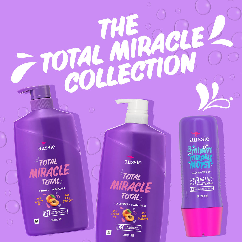 Aussie Total Miracle Hair Care Bundle: Shampoo, Conditioner, and 3 Minute Deep Treatment with Apricot & Macadamia Oil, Paraben-Free for Damaged Hair, 26.2 & 8 Fl Oz