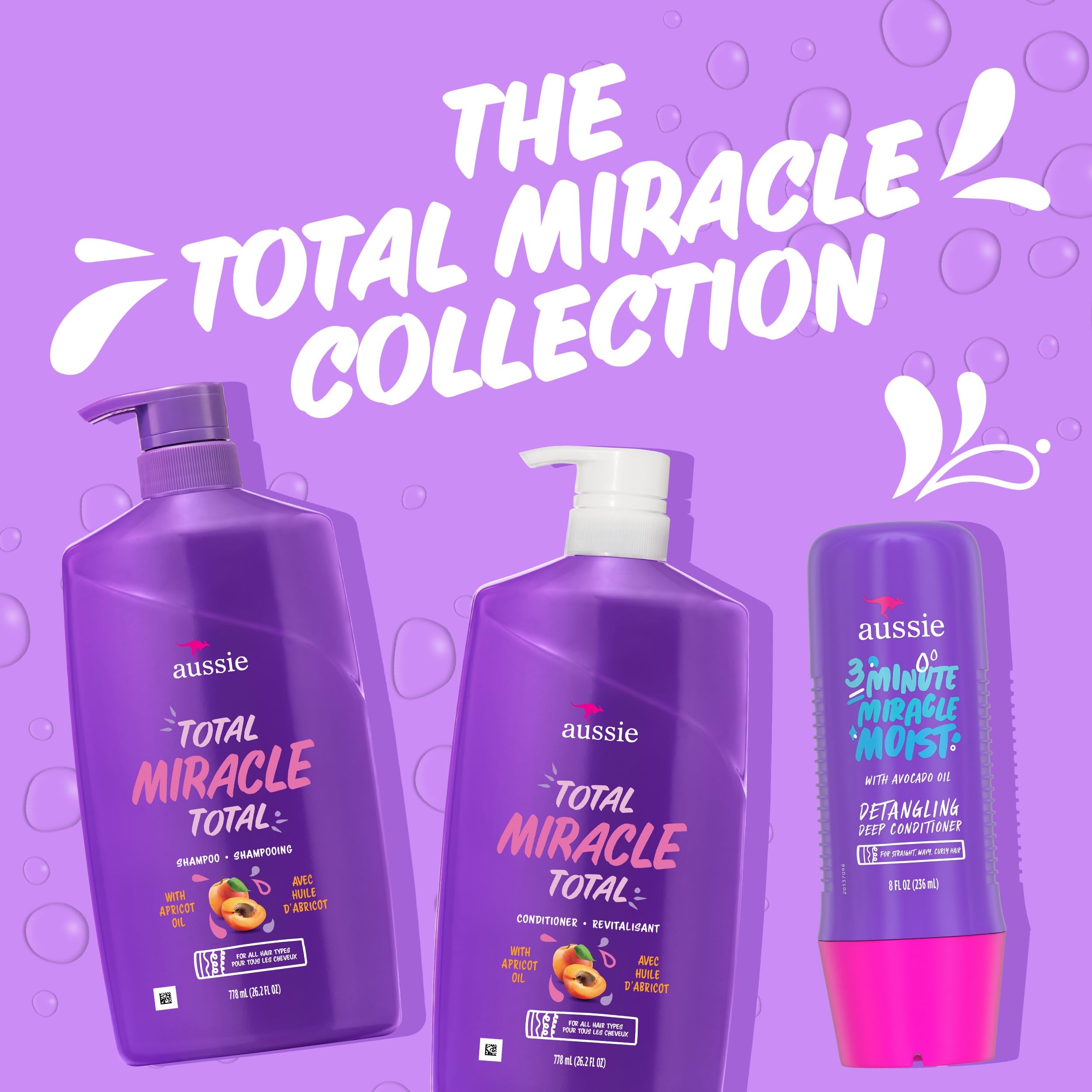 Aussie Total Miracle Hair Care Bundle: Shampoo, Conditioner, and 3 Minute Deep Treatment with Apricot & Macadamia Oil, Paraben-Free for Damaged Hair, 26.2 & 8 Fl Oz