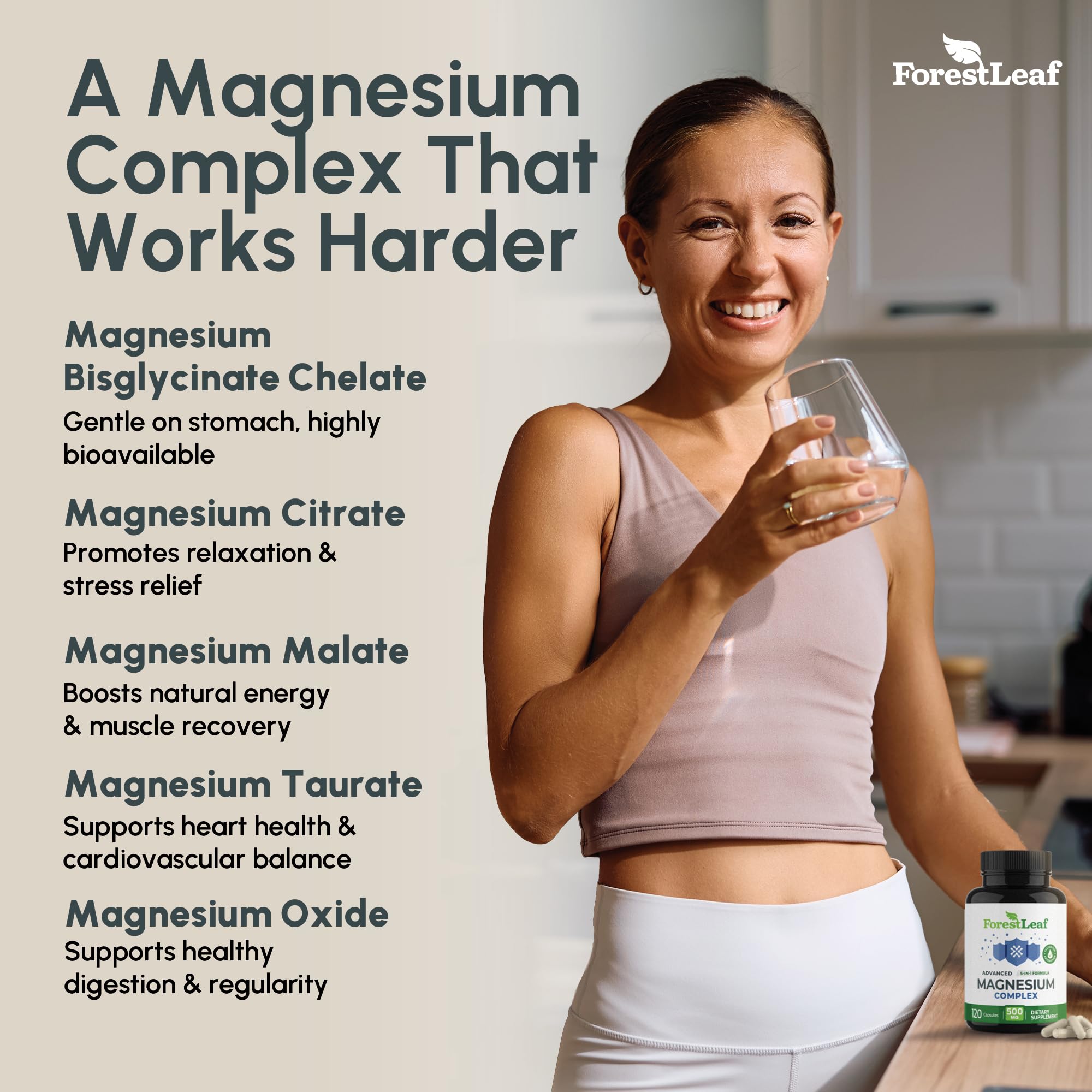 ForestLeaf Magnesium Complex for Women and Men - 500mg Magnesium Supplement for Sleep - 5-in-1 Chelated Magnesium Citrate, Bisglycinate, Malate, Taurate, Oxide (120 Ct)