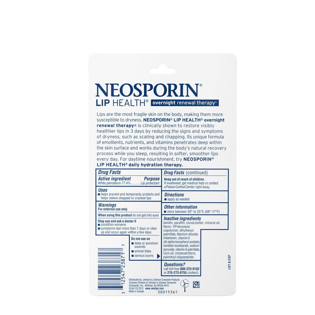 NEOSPORIN Lip Health Overnight Renewal Therapy White Petrolatum Lip Protectant, Nourishing Night Moisturizer to Repair Dry & Cracked Lips, Prevent & Protect Chapped Lips, 0.27 oz