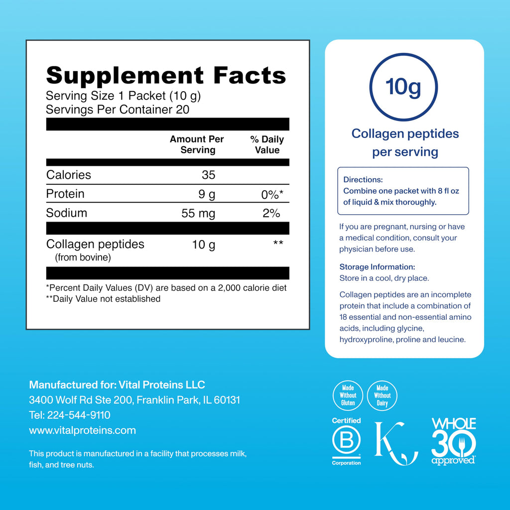 Vital Proteins Collagen Peptides Powder Supplement, Hydrolyzed Collagen Peptides Travel Pack, 20 Individual Packets