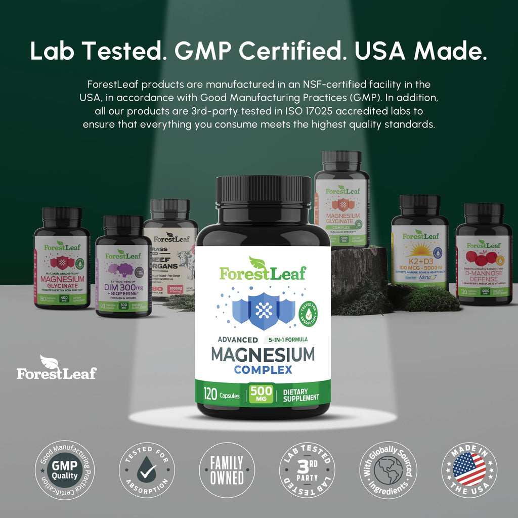 ForestLeaf Magnesium Complex for Women and Men - 500mg Magnesium Supplement for Sleep - 5-in-1 Chelated Magnesium Citrate, Bisglycinate, Malate, Taurate, Oxide (120 Ct)
