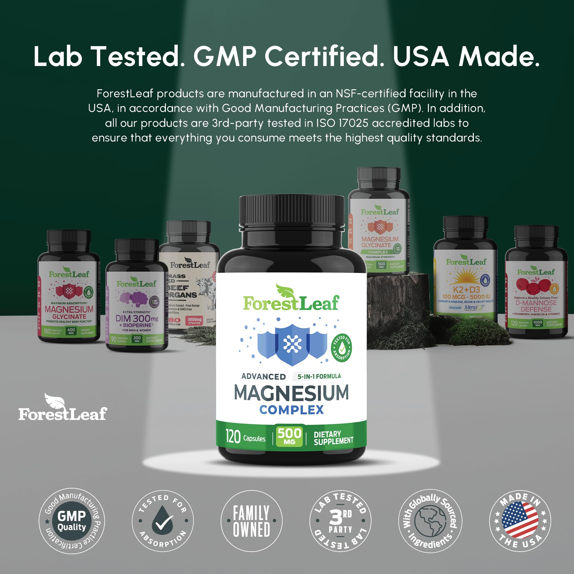 ForestLeaf Magnesium Complex for Women and Men - 500mg Magnesium Supplement for Sleep - 5-in-1 Chelated Magnesium Citrate, Bisglycinate, Malate, Taurate, Oxide (120 Ct)