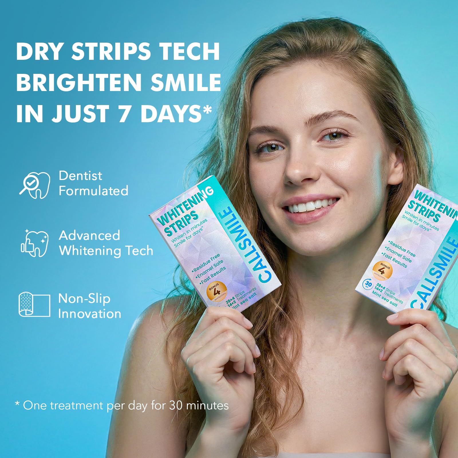 CALLSMILE Whitening Strips for Sensitive Teeth: 16 Treatments Gentle Whitening | Enamel-Safe | Deep Stains Removal | Non-Slip Dry Strips Daily Oral Care, Mint Sea Salt