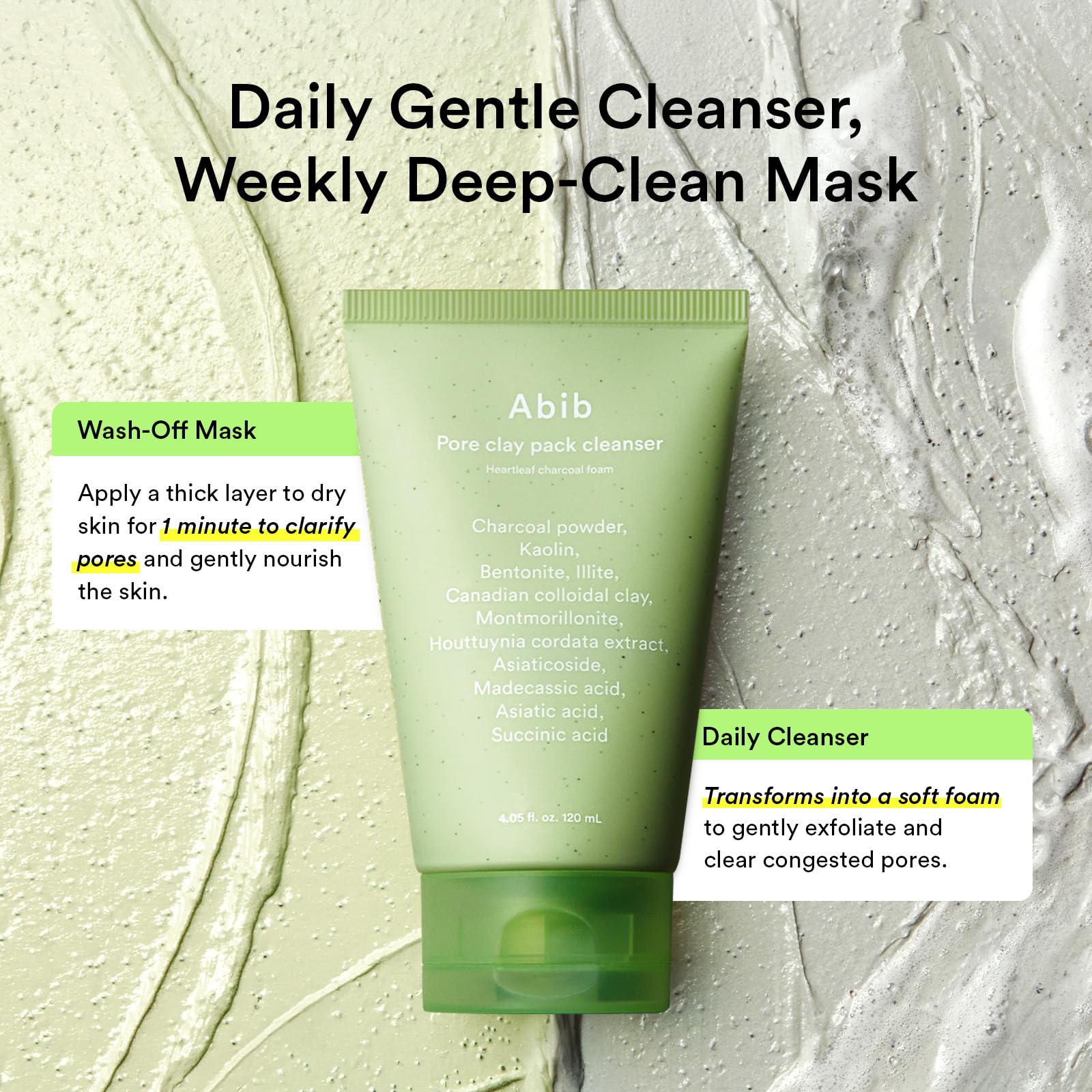 Abib Pore Clay Pack Cleanser Heartleaf Charcoal Foam, 4.05 fl oz, Mousse Form, Oil Control, Unscented